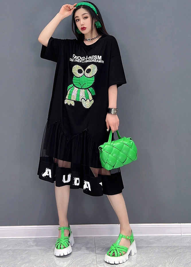 Black Patchwork Tulle Diamonds Cotton Sweatshirt Dress Short Sleeve