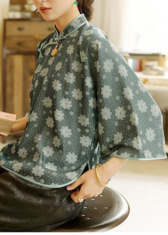 Ink Blue Mandarin Collar Jacquard Silk Shirt Top Three Quarter Sleeve