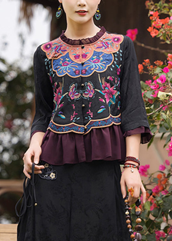 Black O-neck Embroideried Ruffled Chiffon Tops Long Sleeve