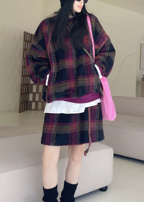 Loose Purple Plaid Pockets Tops and Skirts Wool Two Pieces Set Spring