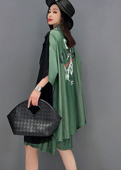 Black Blue Notched Collar Asymmetrical Patchwork Chiffon Two Pieces Set Summer