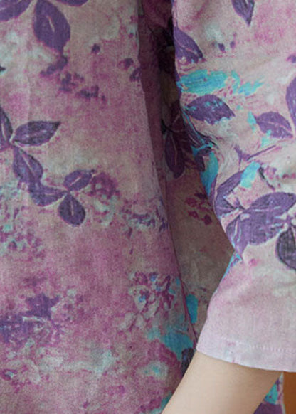 Purple V Neck Button Print Blouse Tops Half Sleeve