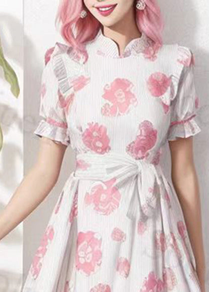 Pink Stand Colla Print Tie Waist Silk Dress Summer