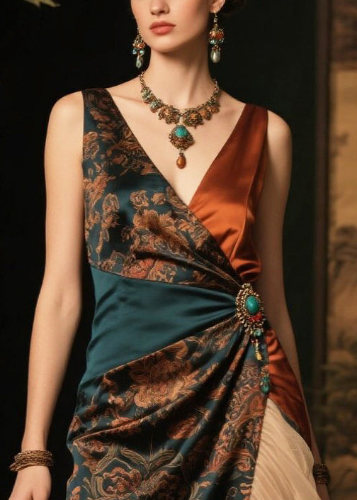 Blackish Green Ruffles Patchwork Print Silk Cami Dress Summer