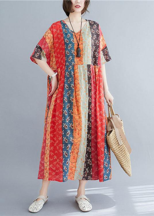Natural Colorblock Print O-neck Summer Maxi Dresses Half Sleeve