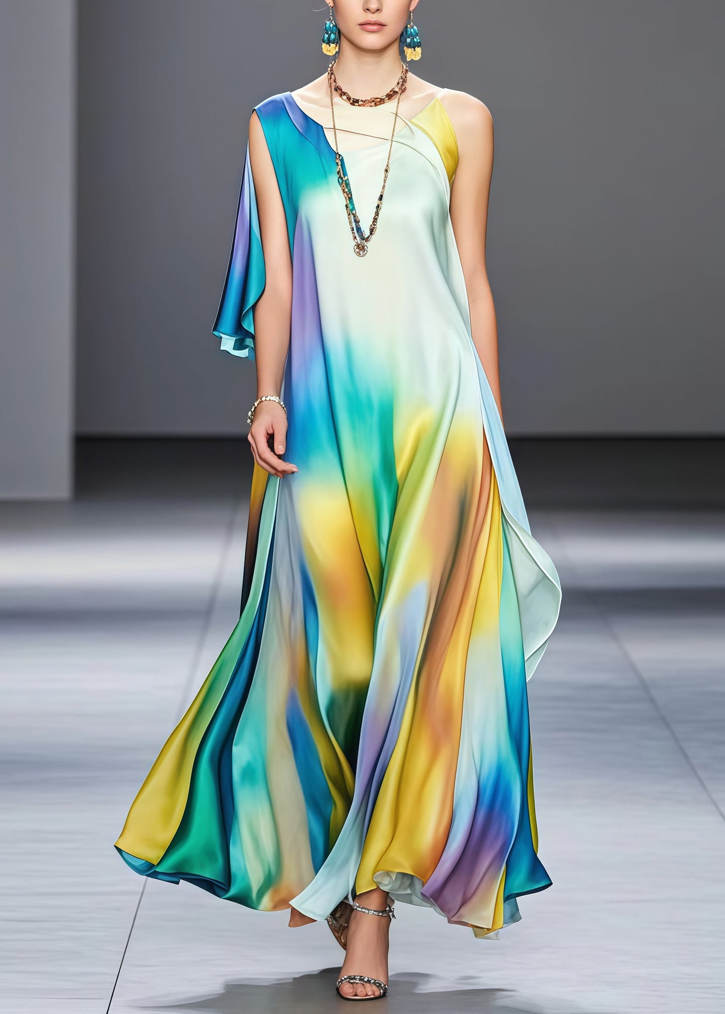 Fine Tie Dye Asymmetrical Draping Silk Holiday Dress Summer