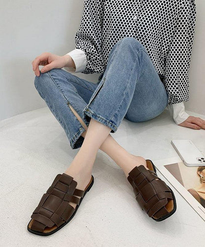 Faux Leather Chocolate Hollow Out Thong Sandals Slide Sandals