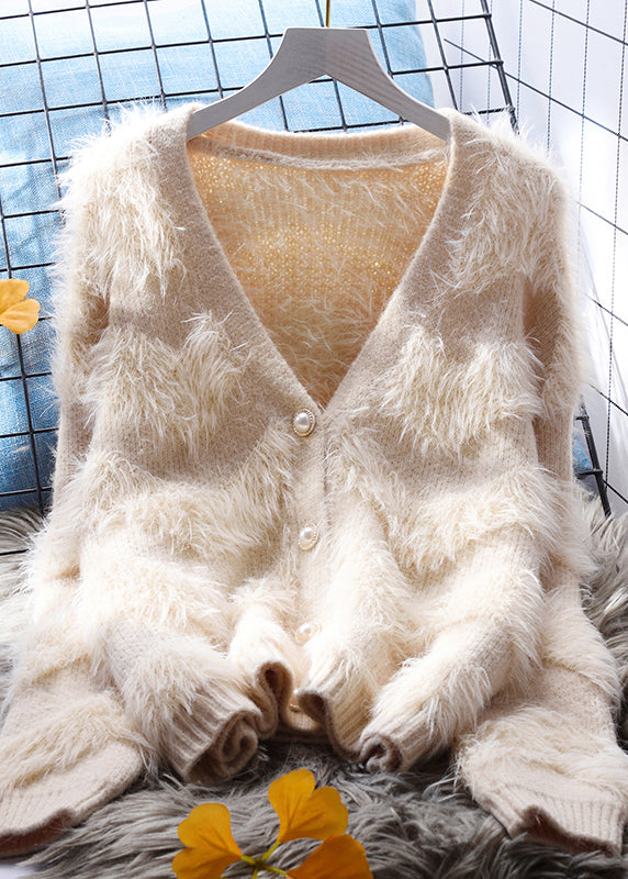 Khaki Patchwork Mink Hair Knitted Cardigan V Neck Button Spring