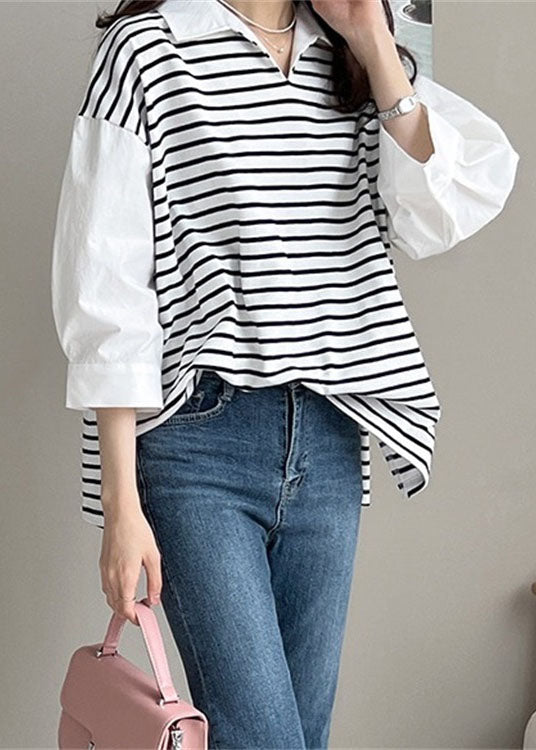 White Peter Pan Collar Patchwork Striped Cotton Shirt Tops Half Sleeve
