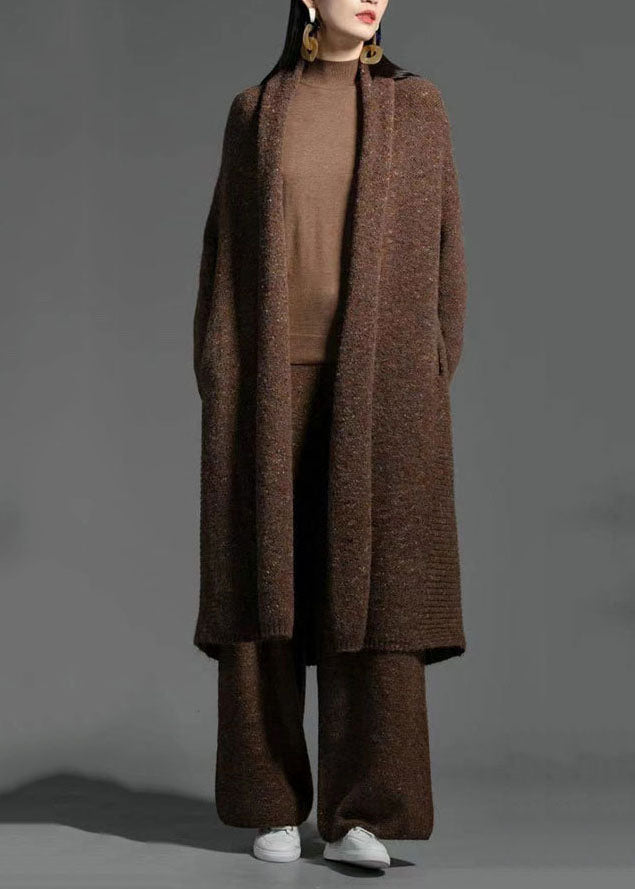 Coffee V Neck Patchwork Wool Knitting Cardigan Spring