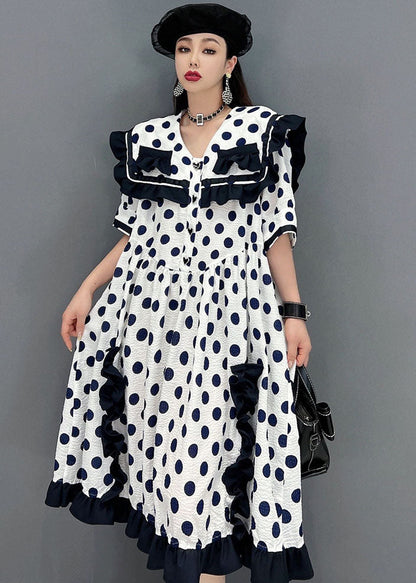 White Sailor Collar Ruffled Patchwork Dot Print Mid Dresses Short Sleeve