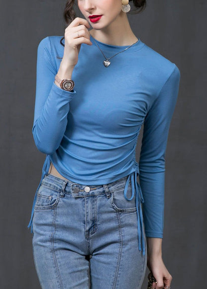 Simple Black O-neck Drawstring Wrinkled Cotton Top Spring