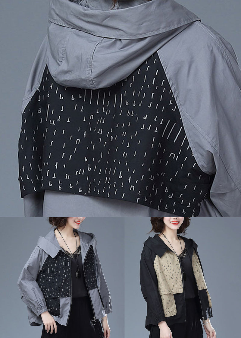 Black Hooded Print Pockets Patchwork Cotton Tops Coats Fall