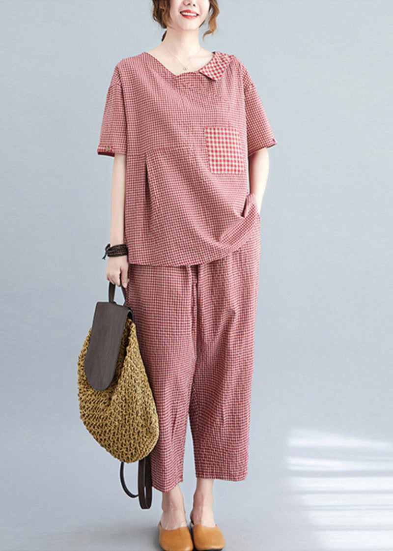 Red Plaid Asymmetrical Pockets Top and Crop Pants Two Pieces Set Summer