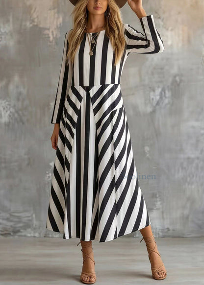 White Stripes Cotton Dresses Pockets Patchwork Spring