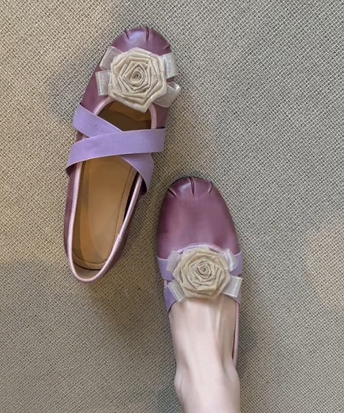 French Purple Flats Cowhide Leather Fine Splicing