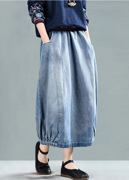 Light Blue Elastic Waist Pockets Cotton Denim Skirt Summer
