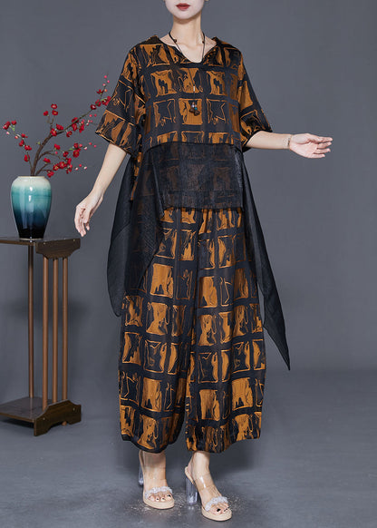 Brown Plaid Patchwork Silk Two Pieces Set Fall