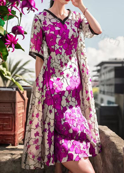 Unique Purple V Neck Print Silk Maxi Dress Short Sleeve