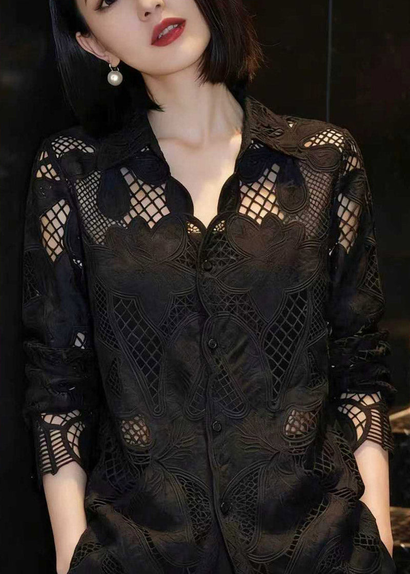 Black Hollow Out Lace Shirt Long Sleeve