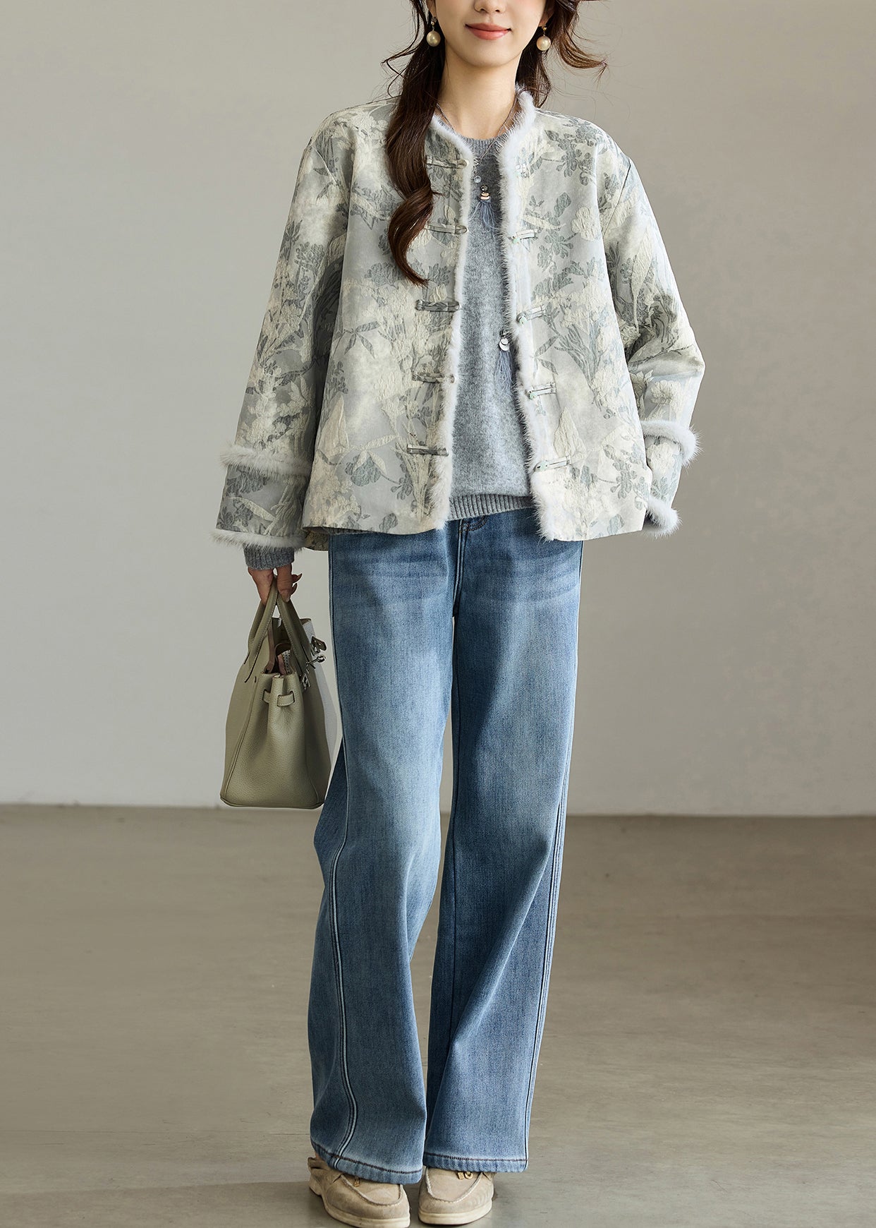 Dark Grey Jacquard Patchwork Faux Fur Cotton Oriental Coats Winter