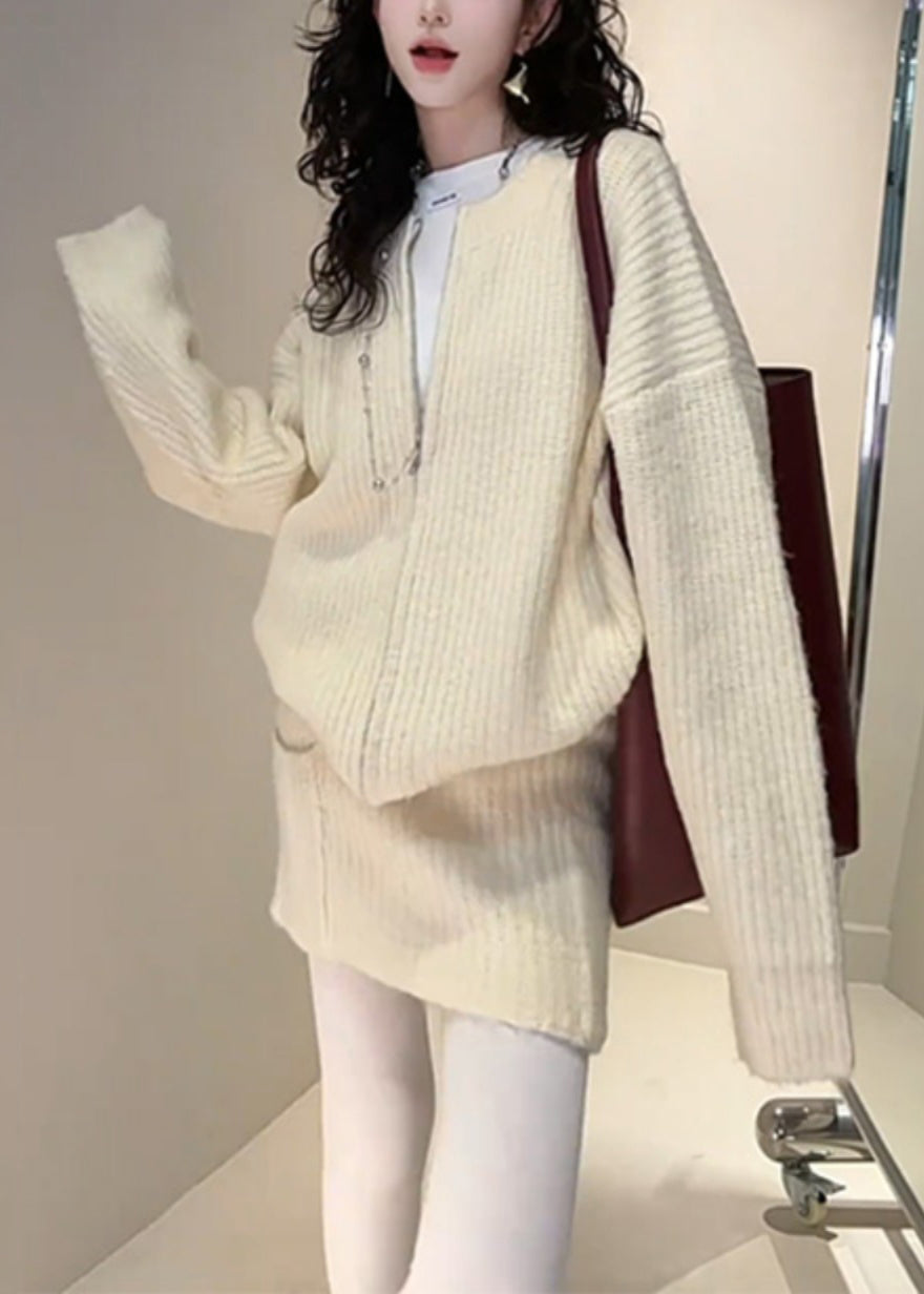 Loose Yellow Zippered Cardigan and Skirts Knit Two Piece Set Fall
