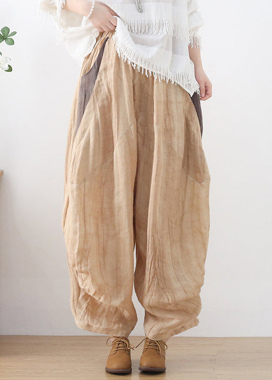 Khaki Elastic Waist Wrinkled Patchwork Linen Harem Pants Summer