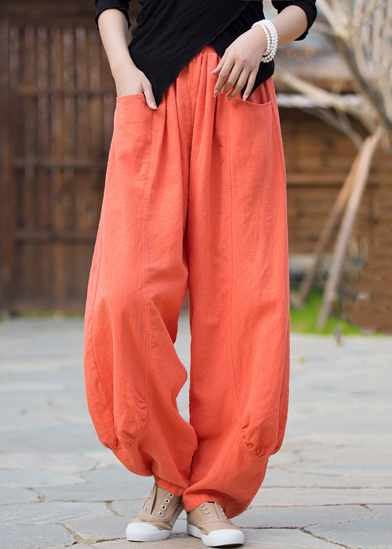 Orange Pockets Linen Pants High Waist