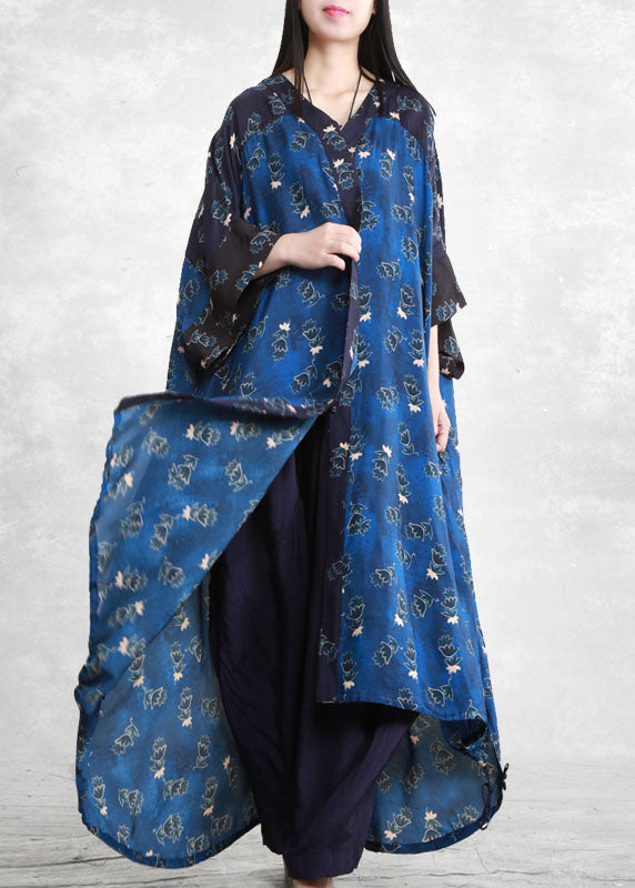 Blue Low High Design Pockets Patchwork Long Shirt and Pants Two Pieces Set Spring