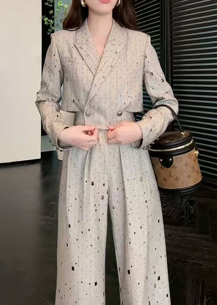 Stylish Grey Notched Print Top and Wide Leg Pants Two Pieces Set Spring