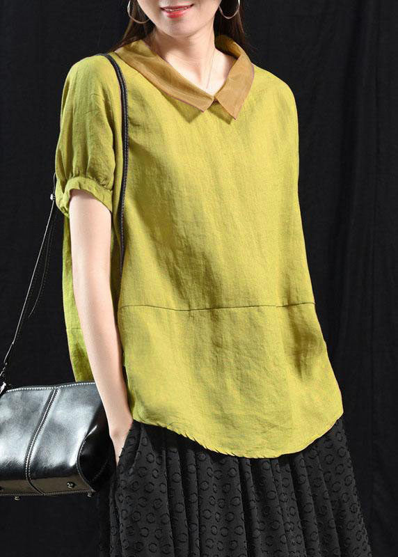 Green Patchwork Turn-down Collar Summer Short Sleeve Top