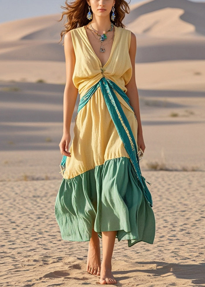 Yellow Asymmetrical Patchwork Cotton Long Dresses Sleeveless