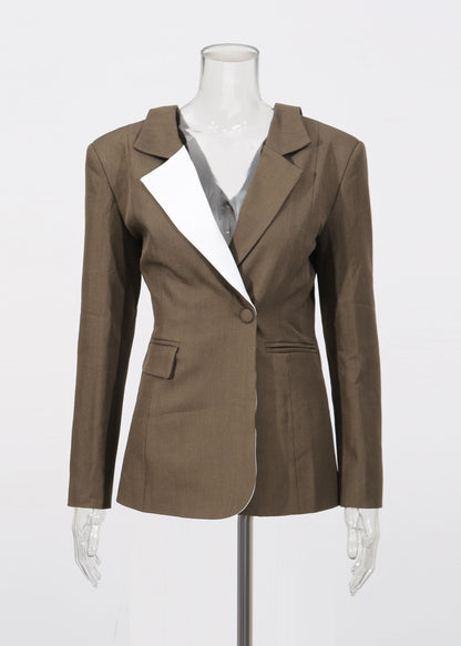 Brown Peter Pan Collar Patchwork Suit Coats Fall