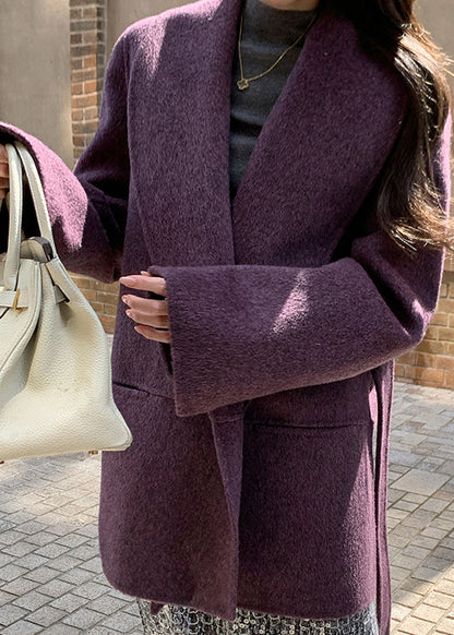Handmade Purple Peter Pan Collar Pockets Tie Waist Wool Coat Winter