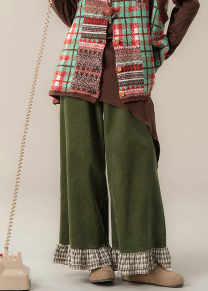Green Ruffled Patchwork High Waist Wide Leg Pants