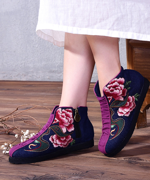 Embroideried Zippered Splicing Boots Red Linen Fabric Ankle Boots
