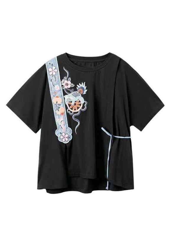 Black O Neck Embroideried Cotton T Shirt Top Summer