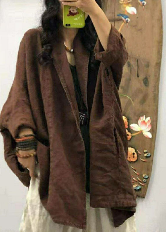 Loose Chocolate Pocket Peter Pan Collar Linen Coats Long Sleeve Fall
