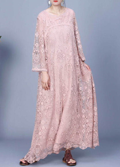 Pink Embroidered Hollow Out Lace Long Dress Spring