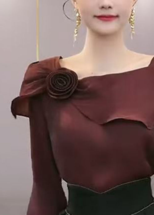 Stylish Wine Red Ruffled Chiffon Blouses Spring