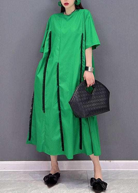 Green O-neck Ruffled Patchwork Pockets Long Dress Short Sleeve
