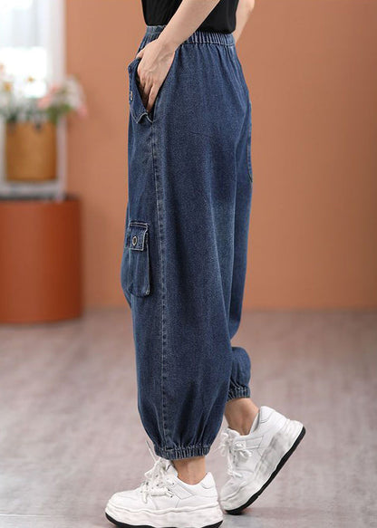 Blue Pockets Elastic Waist Denim Pants Fall