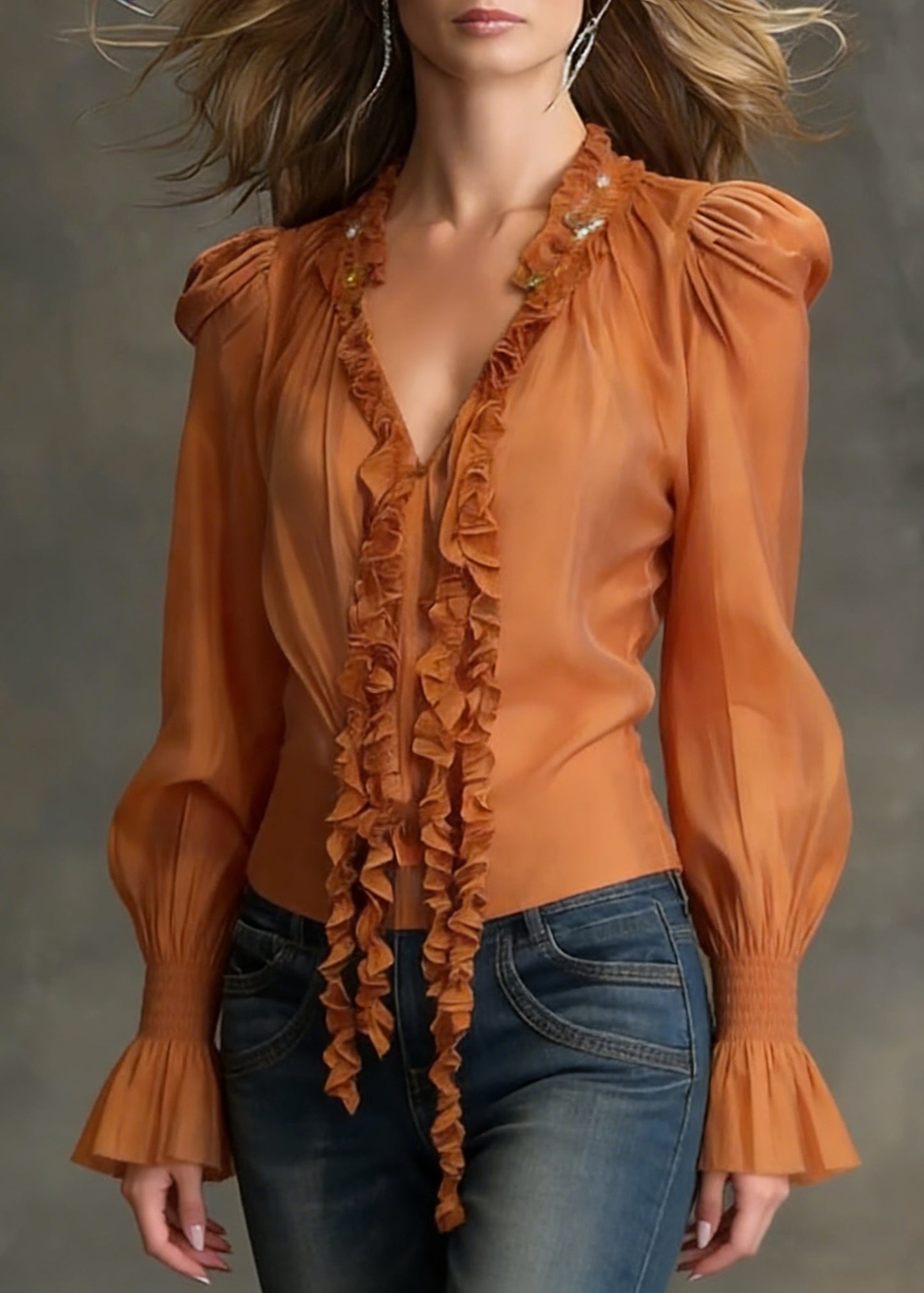 Orange Ruffled Cotton Blouse Tops V Neck Flare Sleeve Spring