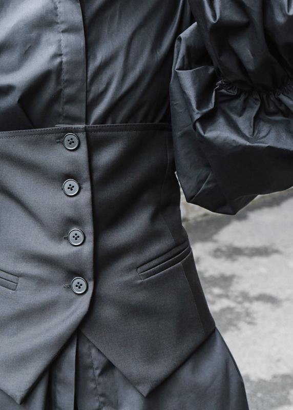 Fine Black Puff Sleeve Button Cotton Shirt