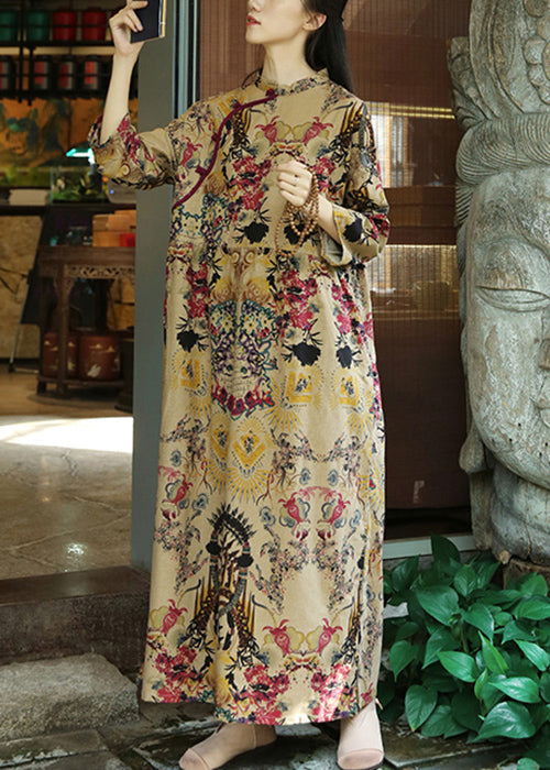 Khaki Button Print Patchwork Cotton Long Dresses Fall