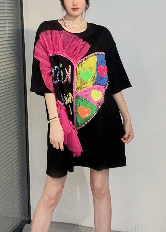 Black O Neck Ruffled Cotton T Shirt Dresses Summer