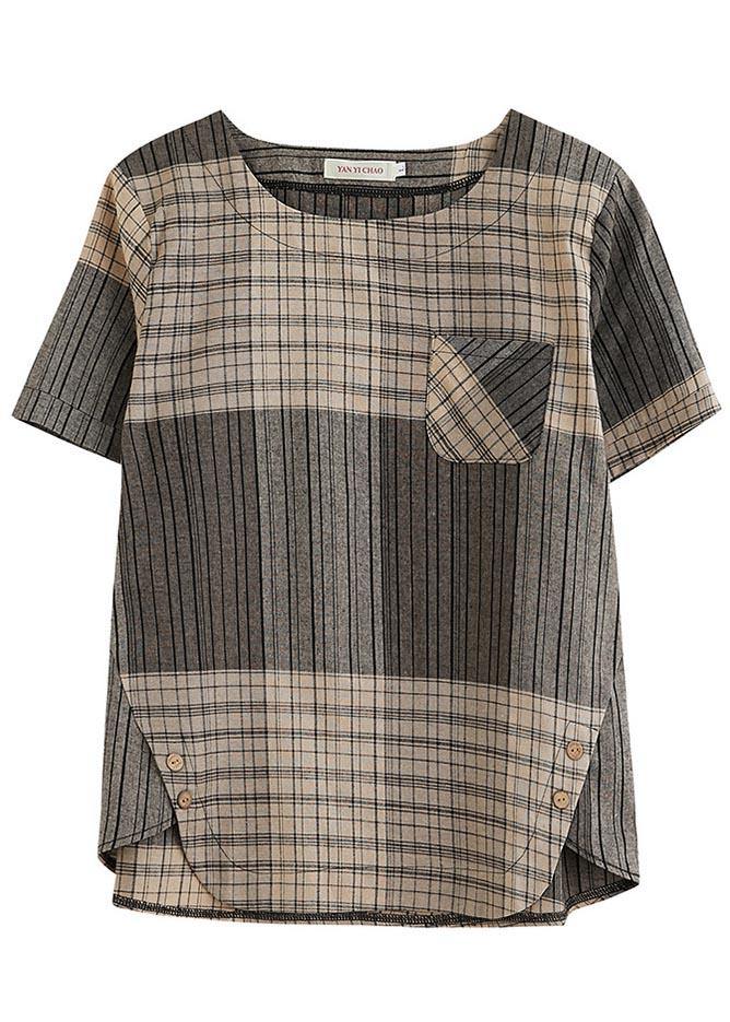 French Grey Plaid Asymmetrical Design Cotton Linen Blouse Top Summer