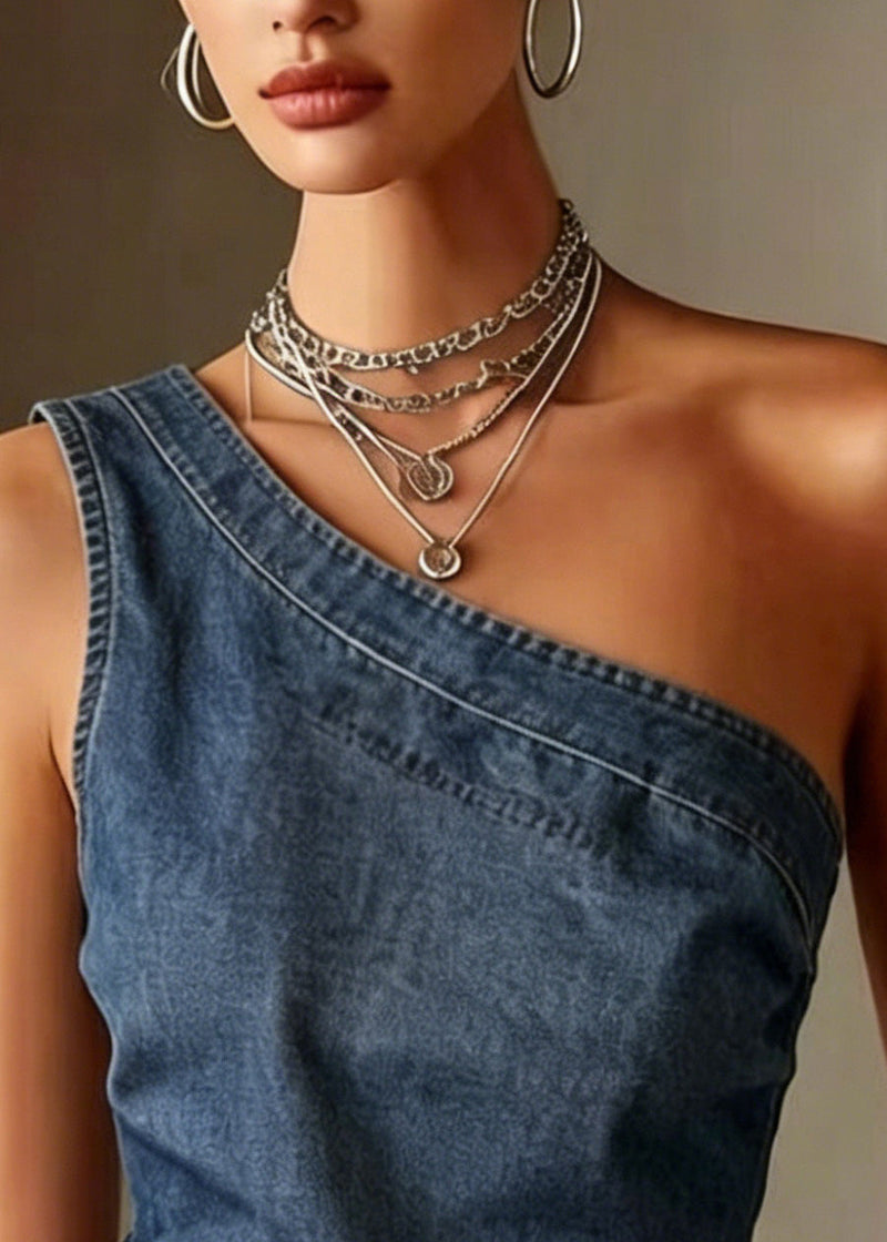 Blue One Shoulder Denim Tank Sleeveless