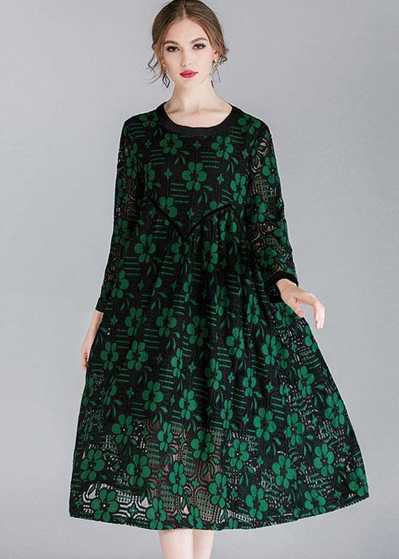 Fitted Green Hollow Out Jacquard Spring Long Sleeve Mid Dress