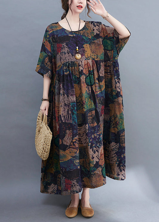Original Design O-neck Wrinkled Print Loose Long Dress Short Sleeve